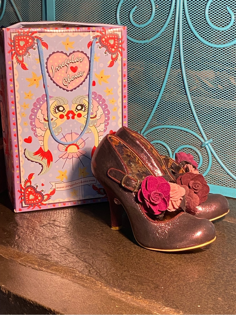 Elegant Irregular Choice AURORA pumps,purple metallic,attached flowers,in box,7